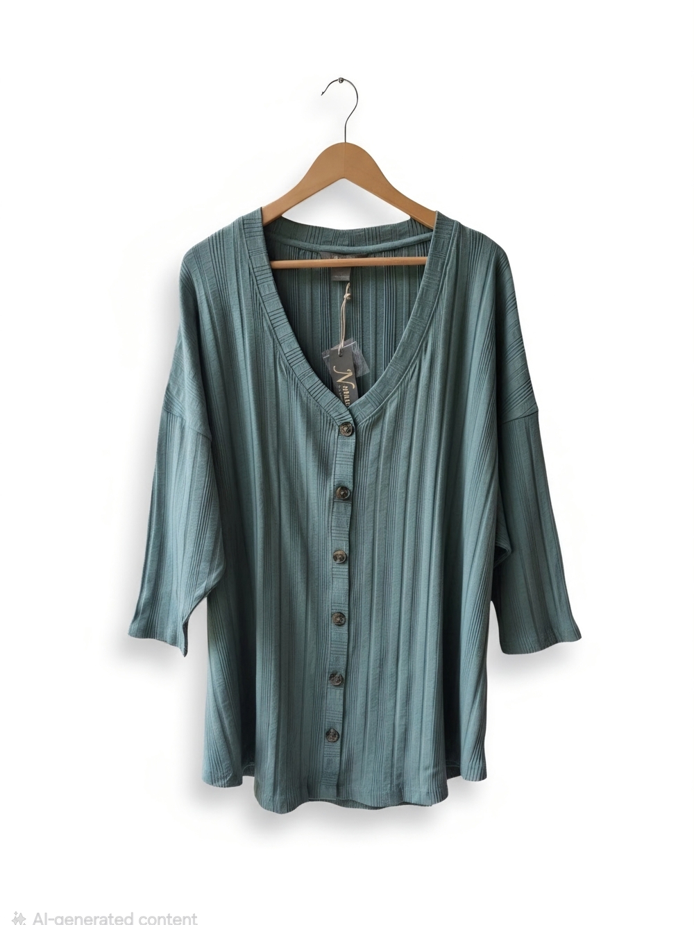 Natural Reflections Women's Button-Front Teal Ribbed V-Neck Top 1X